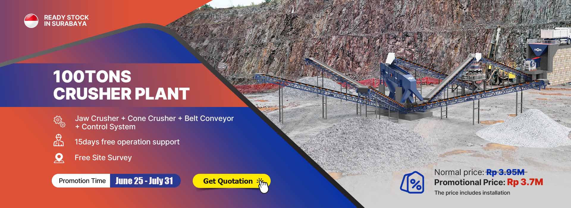 100Tons Stone Rock Crusher Plant Promotion for sale ready stock in Indonesia